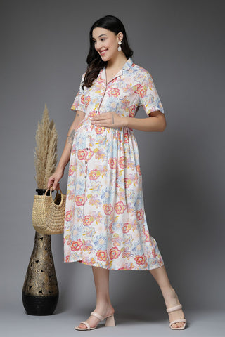 Cream Maternity Fit & Flare Zipless Feeding Dress