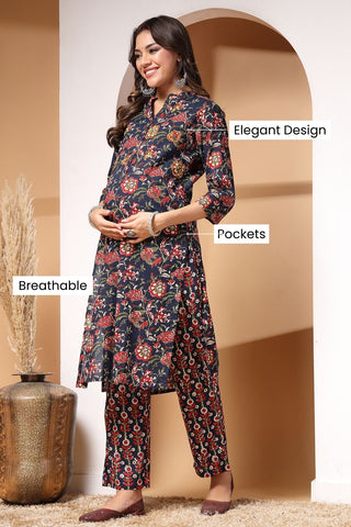 Midnight Bloom Maternity and Feeding Friendly Kurta Set