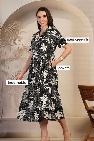 Black & White Abstract Print Maternity Zipless Nursing Dress