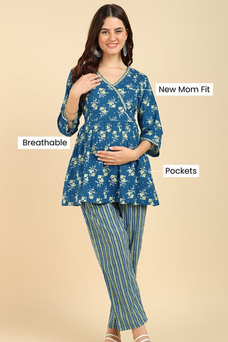 Blue Floral Printed Maternity Co-ord Set