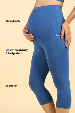 Ribbed Cotton Blue Maternity Capri (Pregnancy & Postpartum)