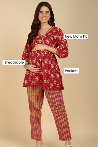 Red Floral Printed Maternity Co-ord Set