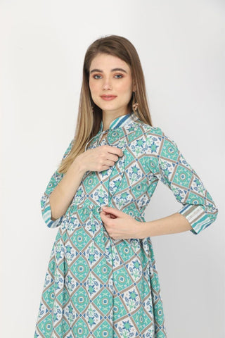 Detailed shot of the Cotton fabric and color/print of the Teal and white feeding & maternity Kurtis Kurti.