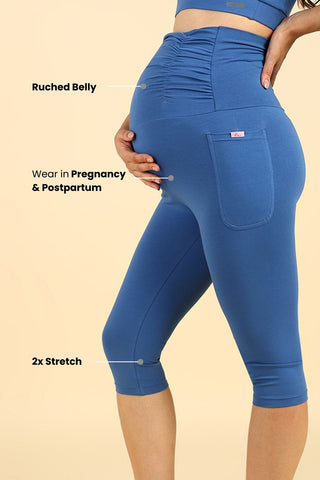Ruched Cotton Blue Maternity Capri (Pregnancy & Postpartum)