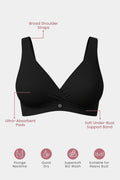 Model wearing Black Padded Bra; opaque design ensures modesty under clothing.