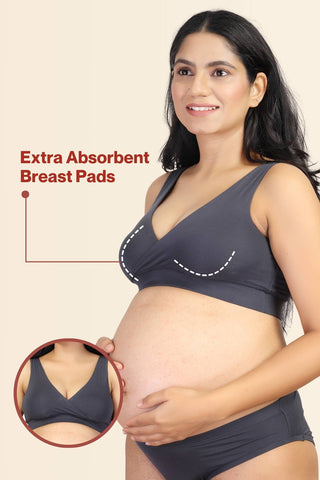 Grey Feeding Bra: Wire-free, seamless design for skin comfort.