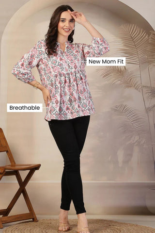 Pink Ikat Top neckline; neckline offers comfort and fit.