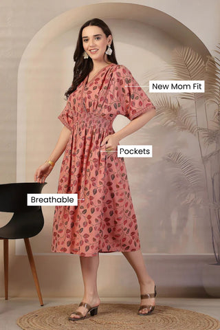 Blush Pink Leaf Print Concealed Zip Maternity Feeding Dress