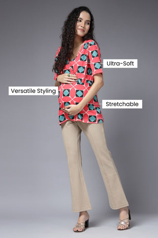 Geometric Grace Top styled; outfit shows pairing options for full look.
