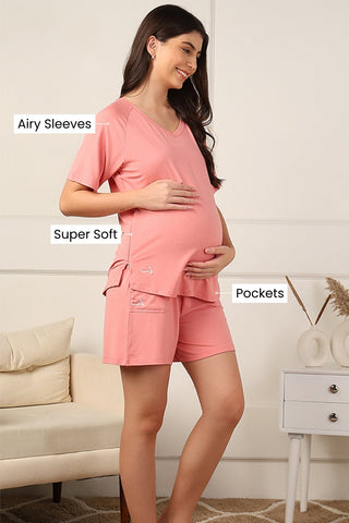 Peach Maternity Nursing Top & Shorts Set
