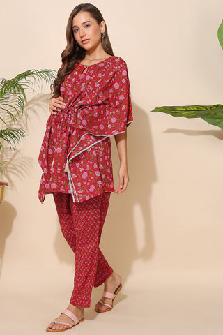 Red Floral Printed Maternity Kaftan Set (Top & Bottom)