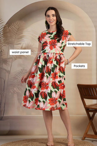 Side Profile of Stylish Nursing Dress showing Feeding Zips & Pockets & Fit