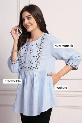 Dobby Top; relaxed fit accommodates body changes postpartum.