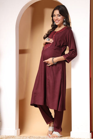 Majestic Maroon Maternity Feeding Kurta Set