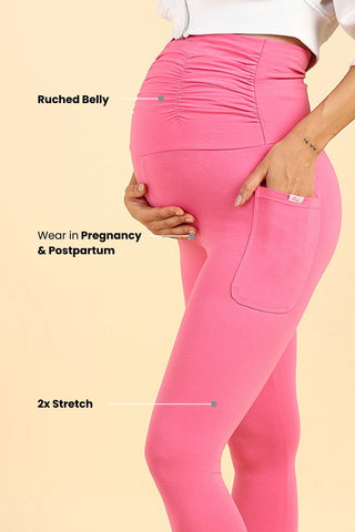 Ruched Cotton Pink Maternity Legging (Pregnancy & Postpartum)