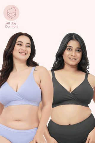 Zena Fine-Rib Bra Pack of 2 - (Lavender & Grey Melange)