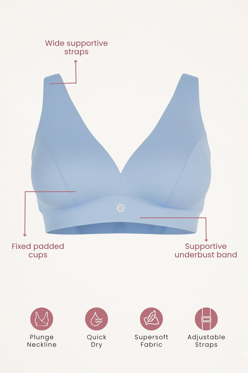 Model wearing M-Blue Padded Bra; ensures modesty and natural shape under clothing.