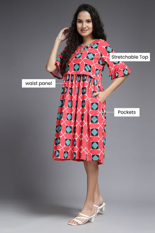Geometric Dress pattern; abstract pattern offers visual interest.