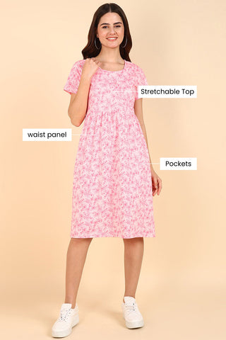 Pink Floral Printed 100% Soft Cotton Zipless Maternity Feeding Dress