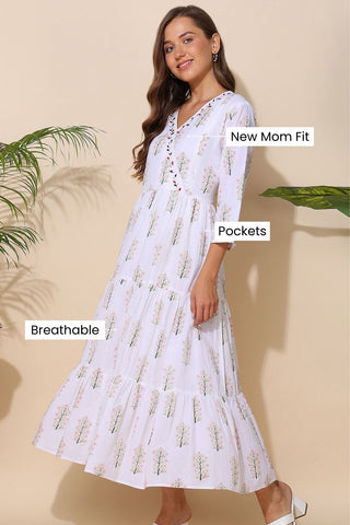 White Floral Printed 100% Soft Cotton Maternity Feeding Dress