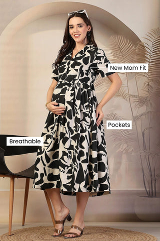 Chic Abstract Print Zipless Feeding Maternity Dress