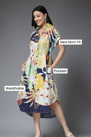 Multicolor All Over Printed 100% Rayon Zipless Maternity Dress