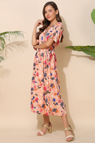 Peach All Over Printed Zipless Maternity Wrap Dress