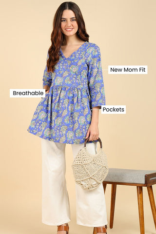 Blue Floral Printed Short Top for Feeding