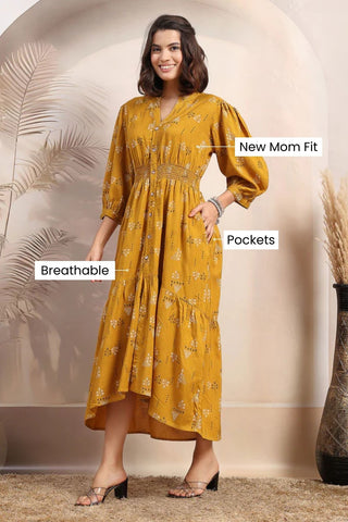 Mustard Charm Zipless Feeding Maternity Shirt Dress