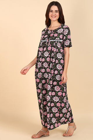 Black Floral Printed 100% Soft Cotton Zipless Maternity Maxi