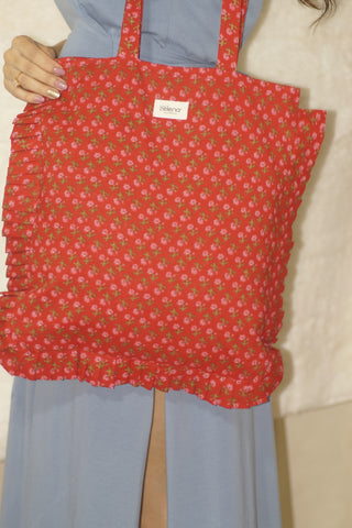 Handcrafted 100% Cotton Tote Bag with Ruffled Edges - Red