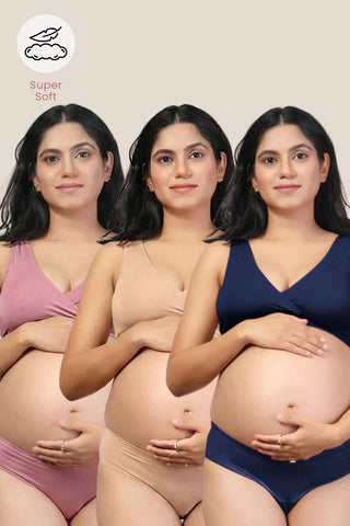 247 Modal Pack of 3 Padded Maternity Feeding Bra (Navy, Dark Skin, Plumwine)