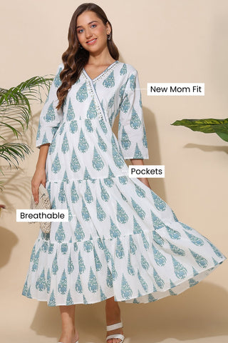 White Printed 100% Soft Cotton Maternity Feeding Dress