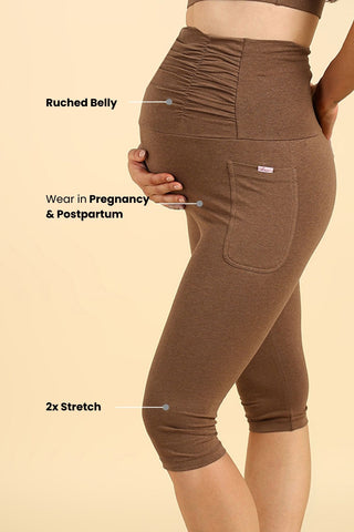 Ruched Cotton Melange Brown Maternity Capri (Pregnancy & Postpartum)