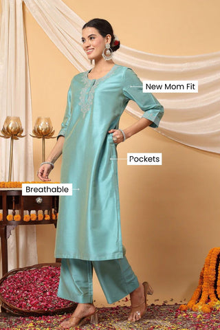 Sky-Blue Festive Bloom Zipless Feeding Maternity Suit Set