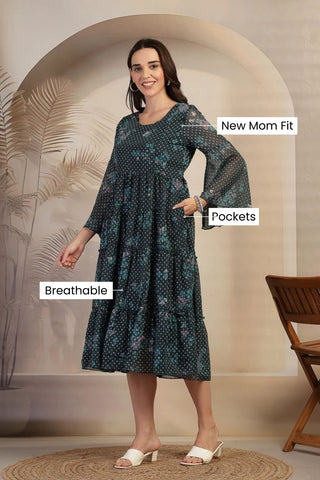Studio Shot of Dark Green Floral Printed Maternity Feeding Tiered Dress showing Soft Design Quality