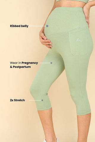 Ribbed Cotton Pistachio Green Maternity Capri (Pregnancy & Postpartum)