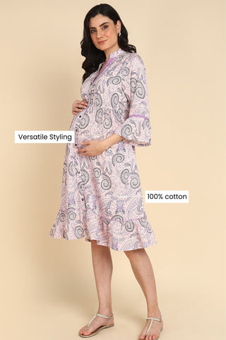 Baby Pink Printed Shirt Dress for Zipless Feeding