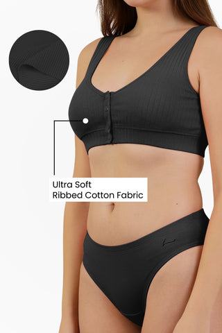 Ribbed Cotton Black Lounge Bra