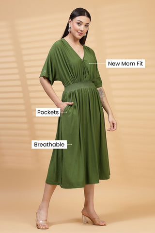 Green Solid Smocked Waist Zipless Feeding Dress - House Of Zelena™