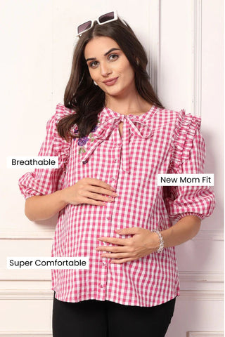 Ruffled Rosy Pink and White Checkered Zipless Feeding Maternity Top