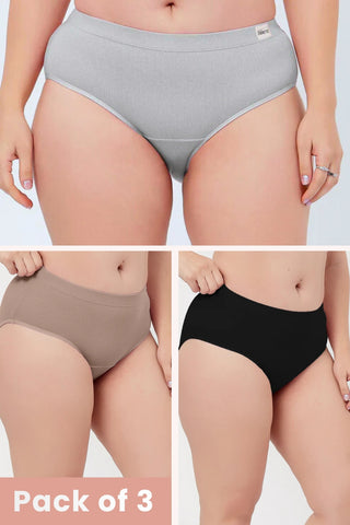 Sera Fine Rib Mid Rise Hipster Pack of 3 - (Skin, Grey Melange, Black)