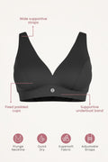 Side view of Black Feeding Bra; wide underband provides lift and support without wires.