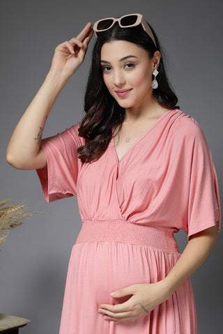 Peach Solid Smocked Waist Zipless Feeding Dress