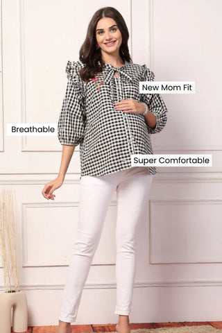 Vintage Charm Black and White Checkered Zipless Feeding Maternity Top