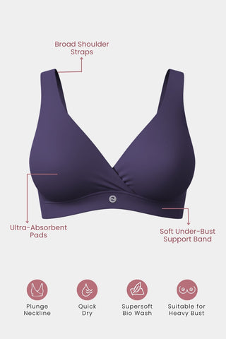 Model wearing Plum Padded Bra; fixed pads provide centered bust shape and support.