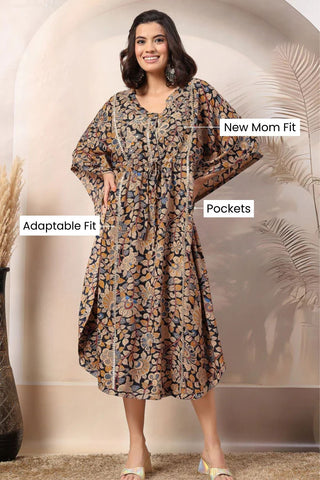 Navy Blue Enchanting Floral Zipless Feeding Maternity Kaftan