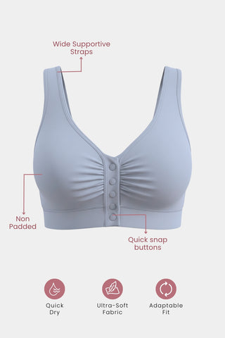 Model wearing Silver Grey Bra; V-neck style is complementary to many clothing necklines.