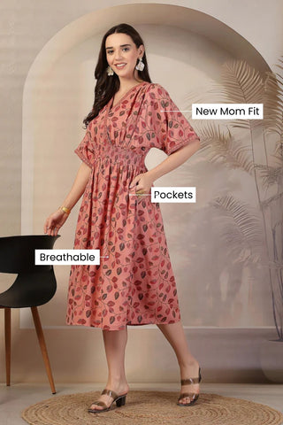Blush Pink Leaf Print Concealed Zip Feeding & Nursing Dress