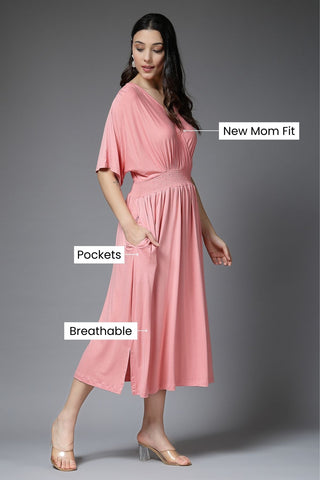 Peach Solid Smocked Waist Zipless Feeding Dress